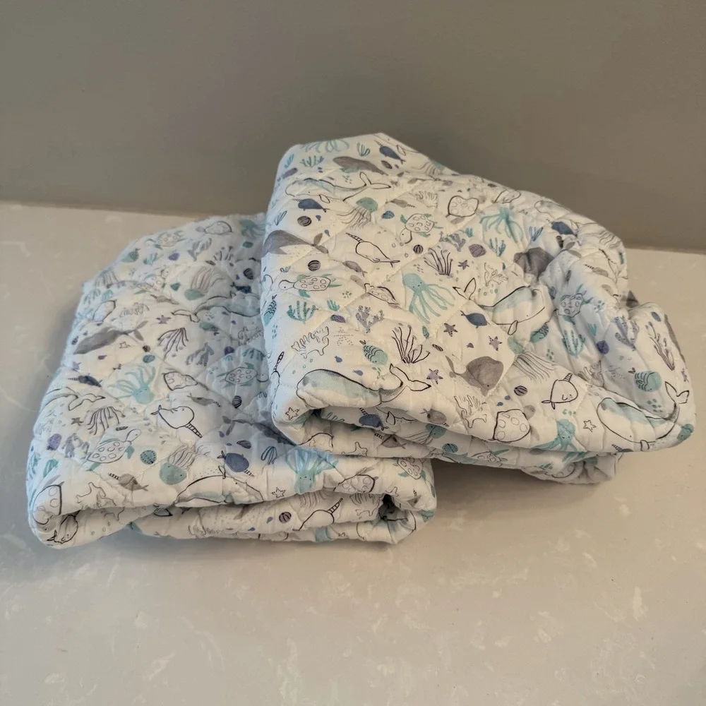 Crate & Barrel Quilted Changing Pad Cover Organic Cotton Sea Print Set Of 2
